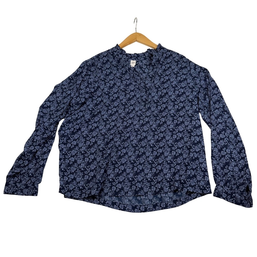 Gap Womens Navy Blue Floral Long Sleeve Ruffle V-Neck Blouse Top Size M 2858
